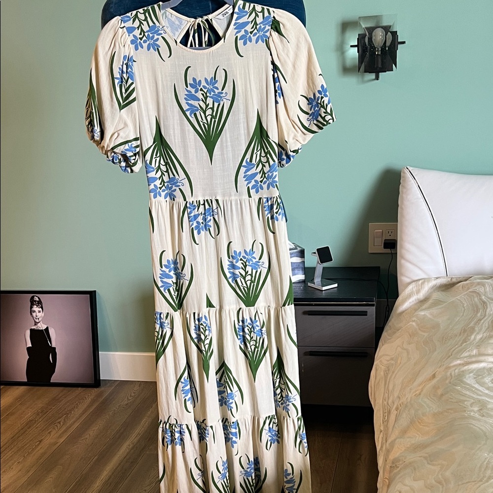Zara Cream and Blue Floral Maxi Dress